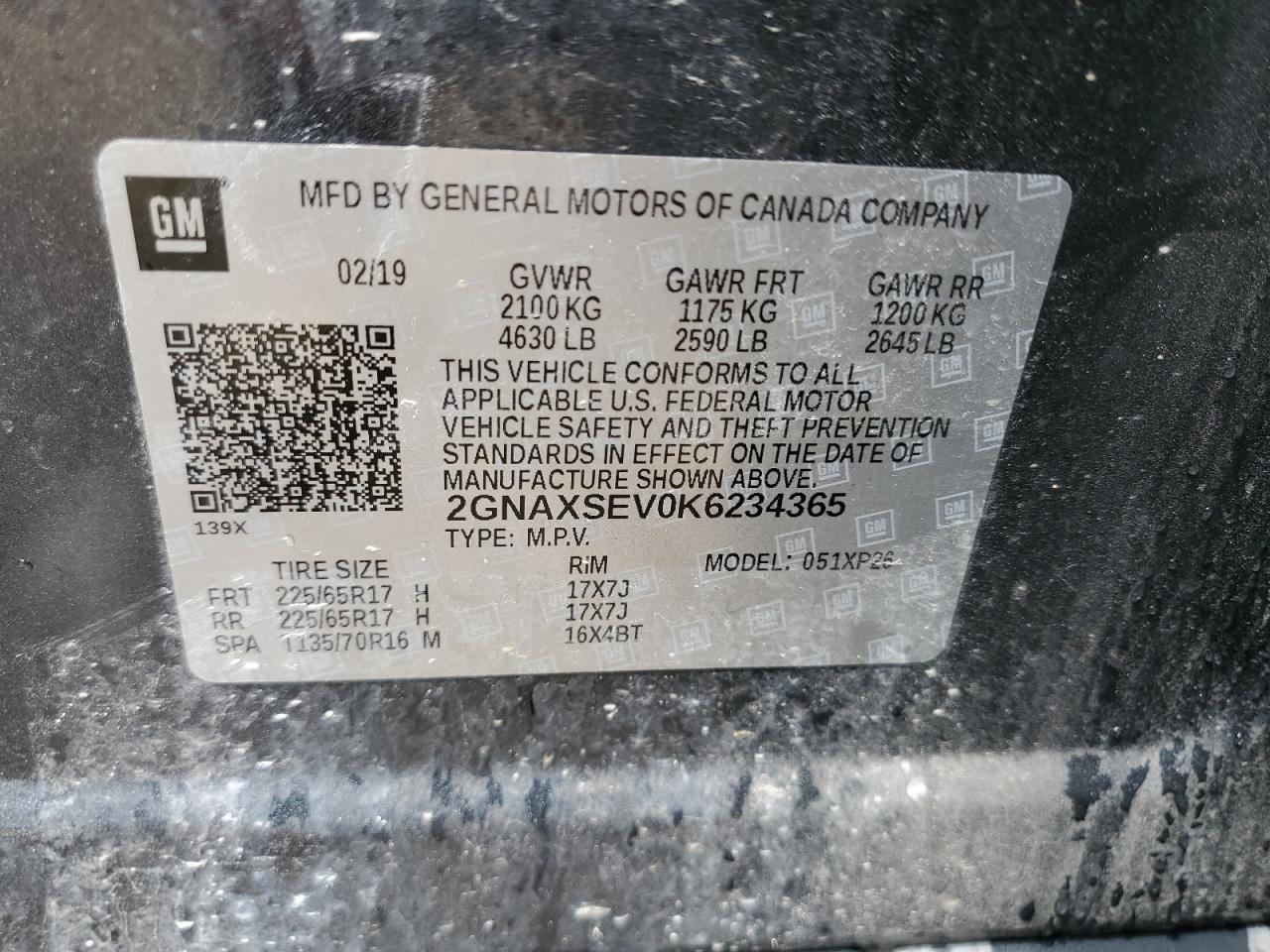 2GNAXSEV0K6234365 CHEVROLET EQUINOX 2019