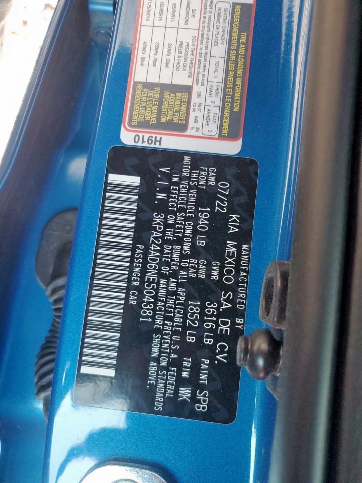 2022 Kia Rio Lx VIN: 3KPA24AD6NE504381 Lot: 62180475