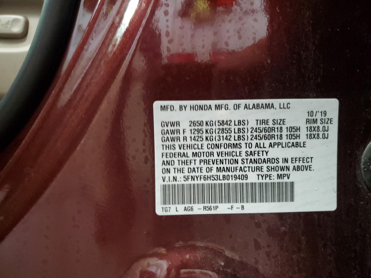 2020 Honda Pilot Exl VIN: 5FNYF6H53LB019409 Lot: 61535105