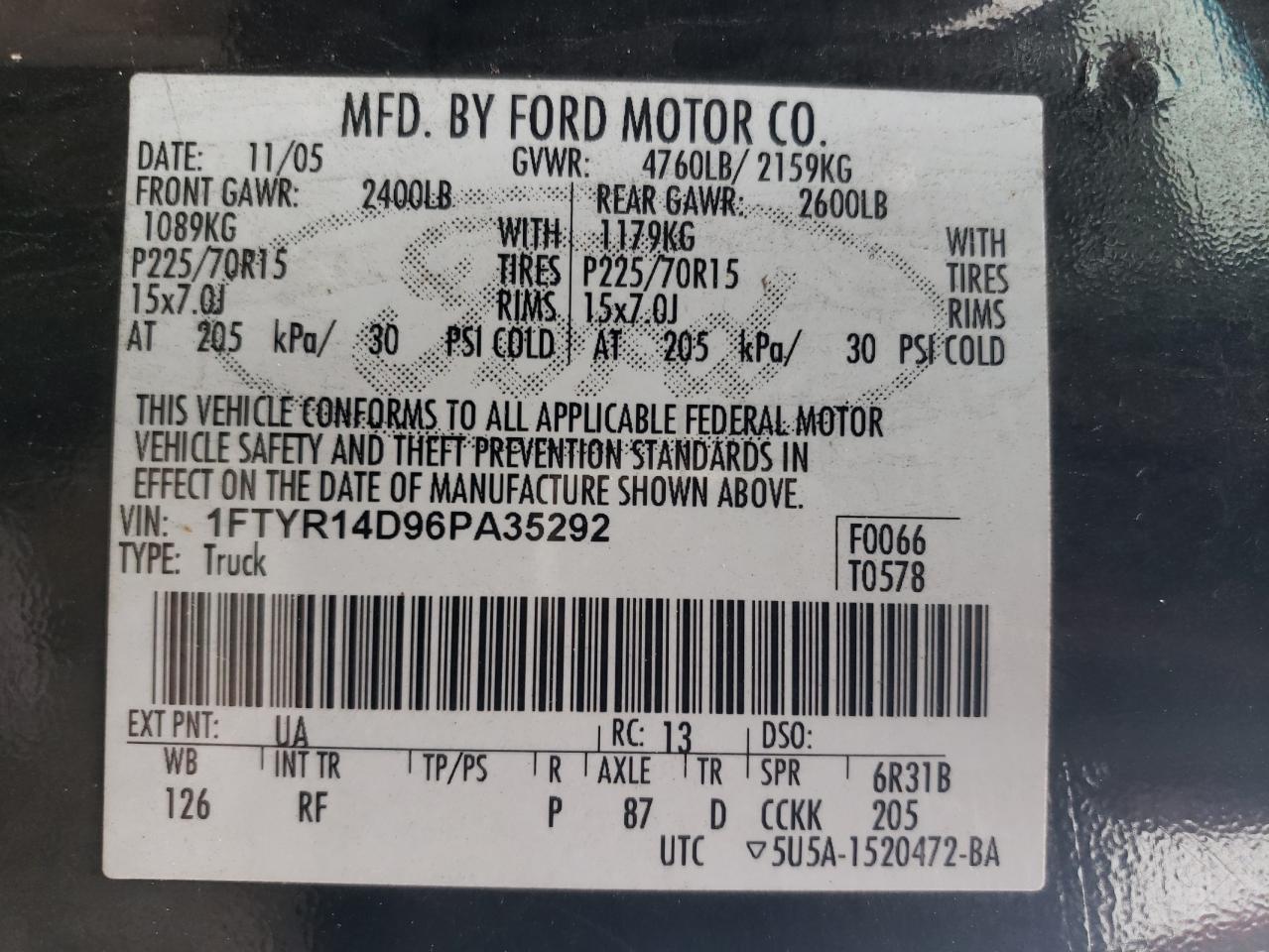 2006 Ford Ranger Super Cab VIN: 1FTYR14D96PA35292 Lot: 62499425