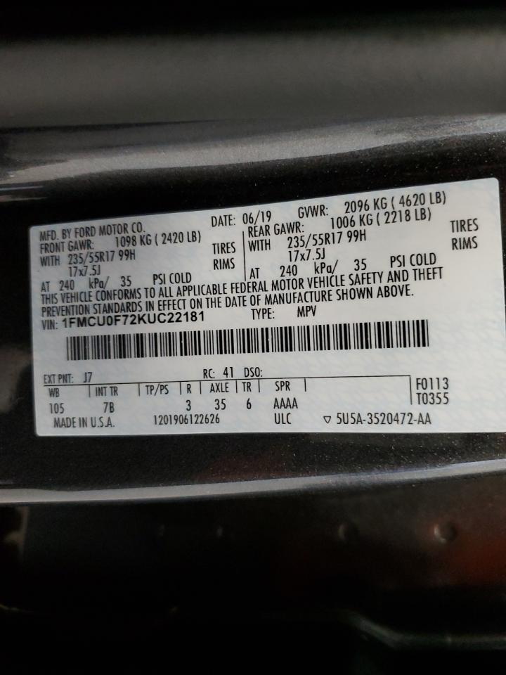 1FMCU0F72KUC22181 FORD ESCAPE 2019
