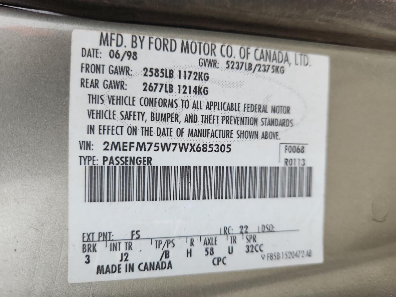 1998 Mercury Grand Marquis Ls VIN: 2MEFM75W7WX685305 Lot: 60551985