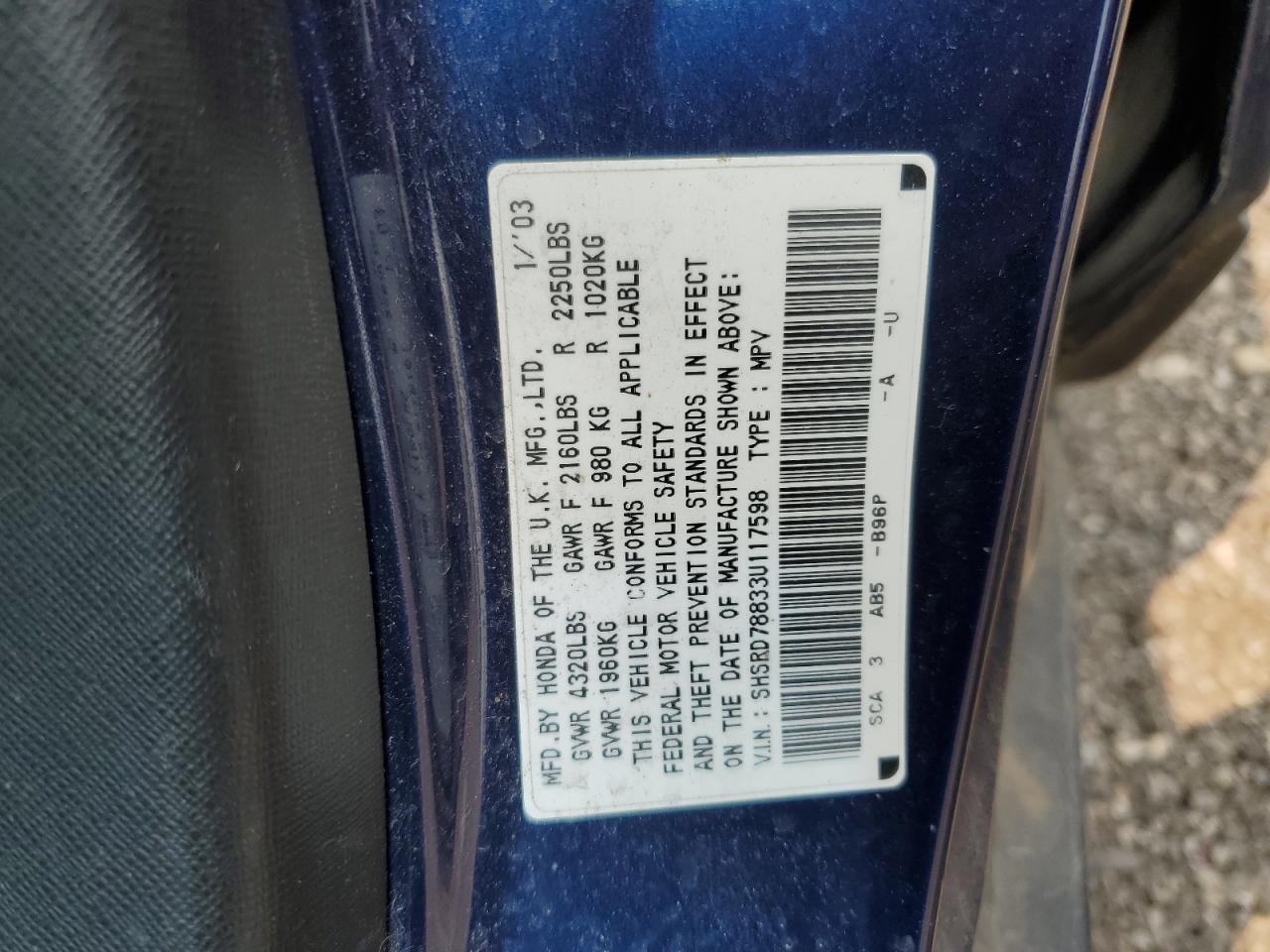 2003 Honda Cr-V Ex VIN: SHSRD78833U117598 Lot: 60190905