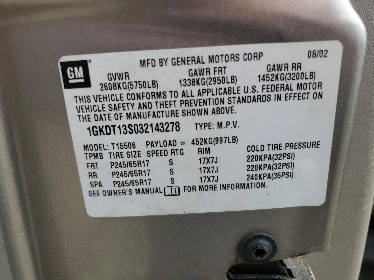 2003 GMC Envoy VIN: 1GKDT13S032143278 Lot: 61626745