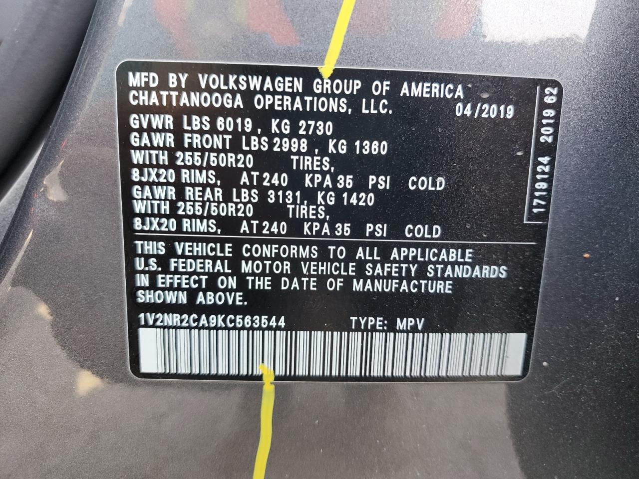 2019 Volkswagen Atlas Sel Premium VIN: 1V2NR2CA9KC563544 Lot: 61907995