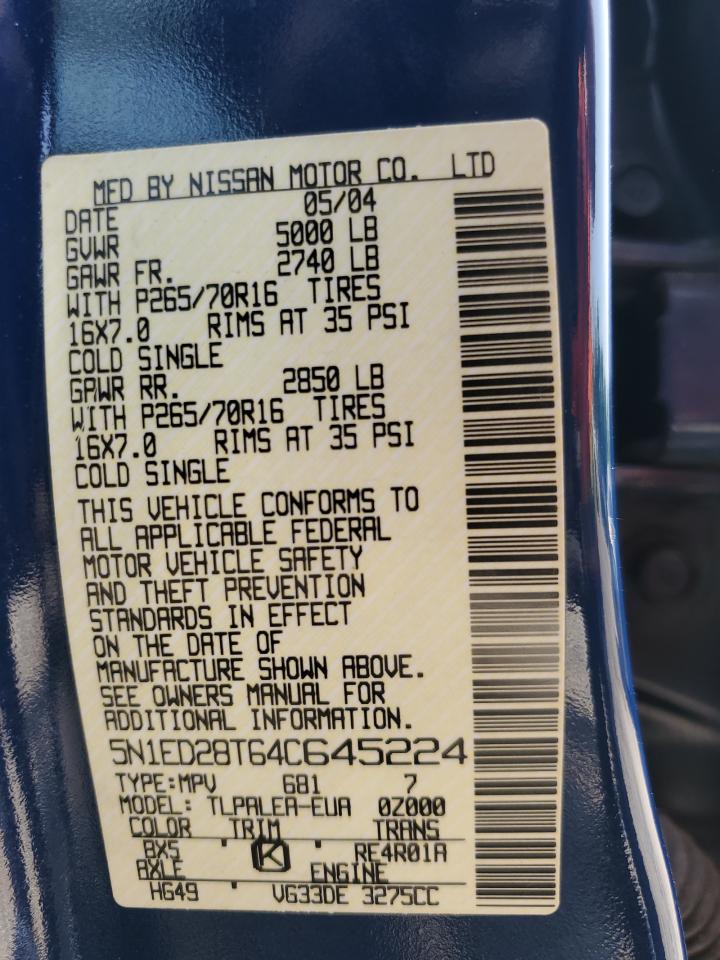 2004 Nissan Xterra Xe VIN: 5N1ED28T64C645224 Lot: 60715555