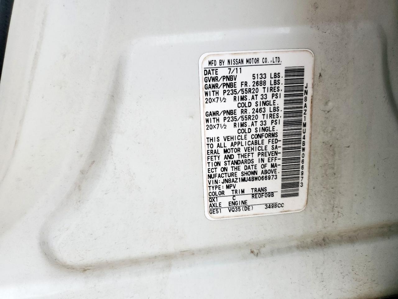 2011 Nissan Murano S VIN: JN8AZ1MU4BW066973 Lot: 63061015