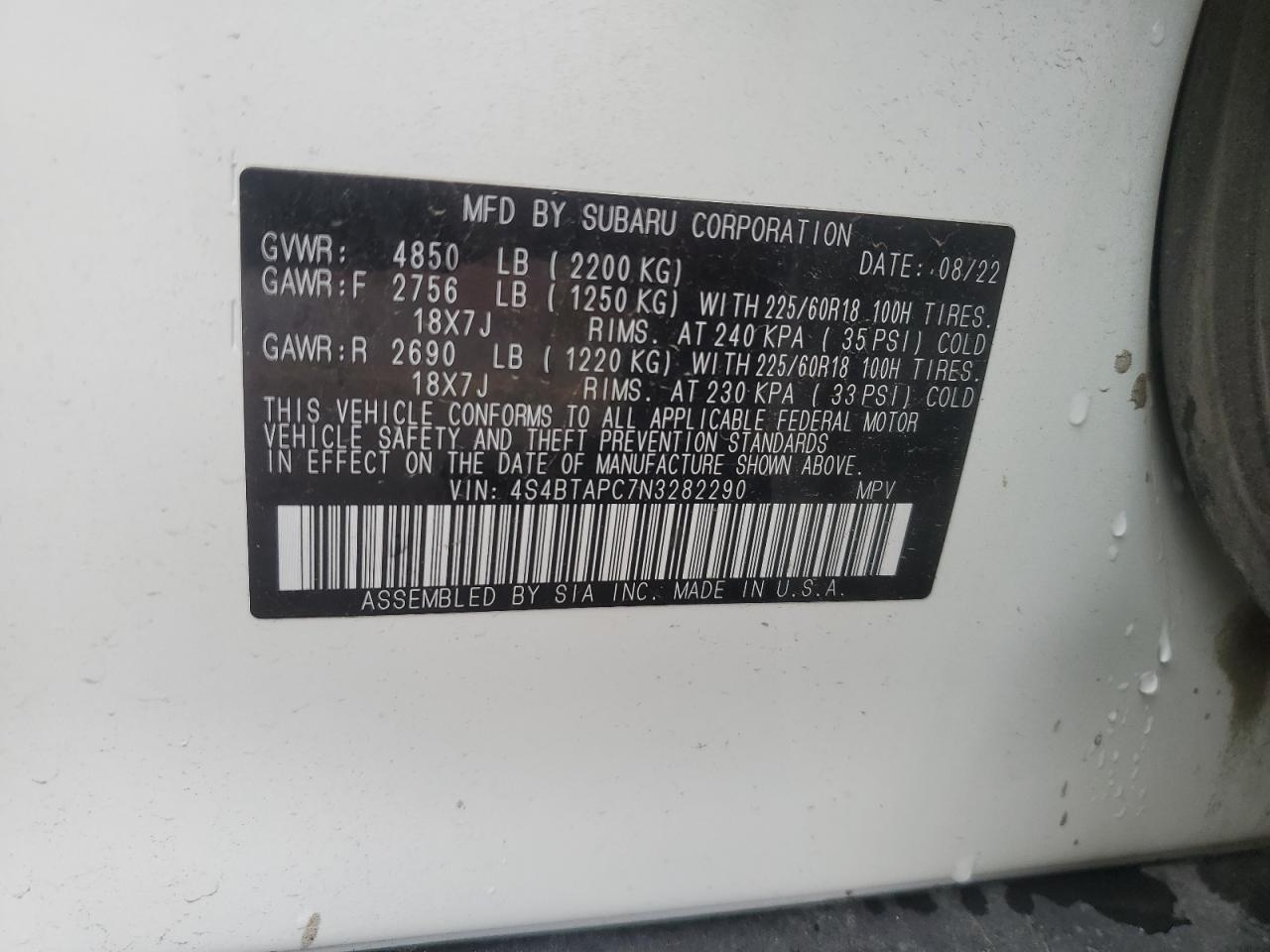 2022 Subaru Outback Touring VIN: 4S4BTAPC7N3282290 Lot: 63007235