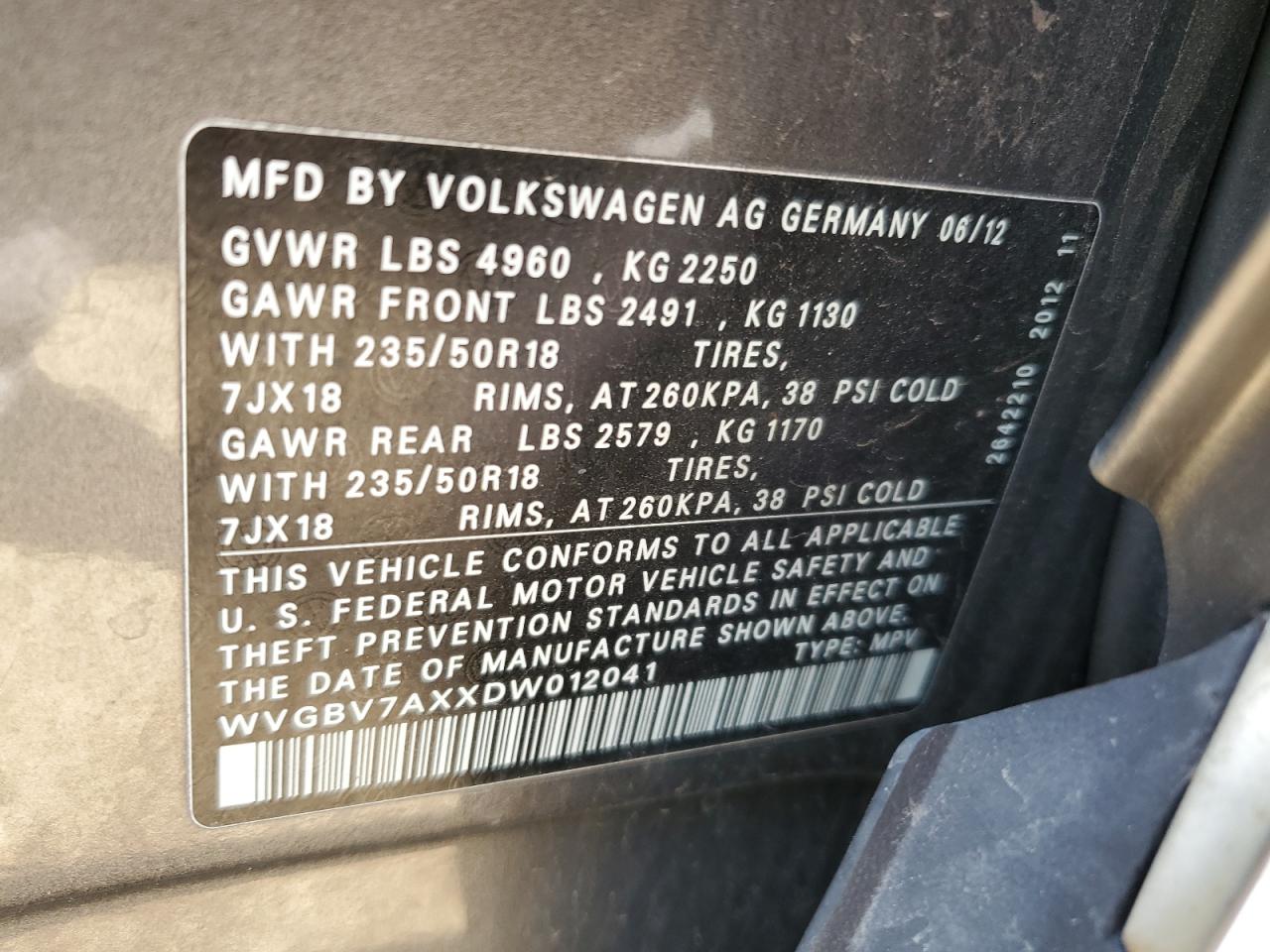 2013 Volkswagen Tiguan S VIN: WVGBV7AXXDW012041 Lot: 62417325