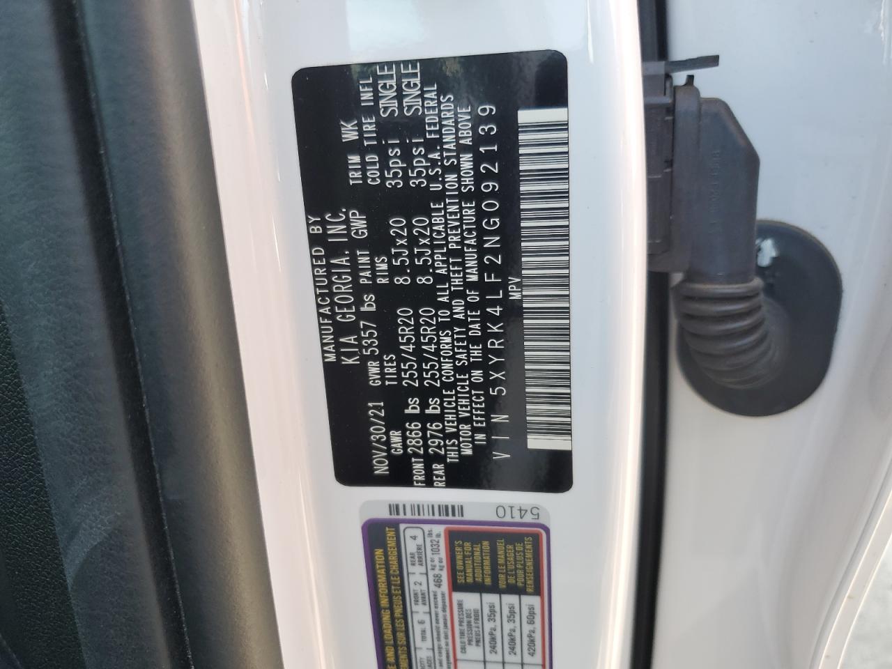 2022 Kia Sorento Sx VIN: 5XYRK4LF2NG092139 Lot: 62418615