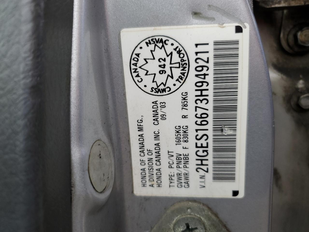 2003 Honda Civic Lx VIN: 2HGES16673H949211 Lot: 61191365