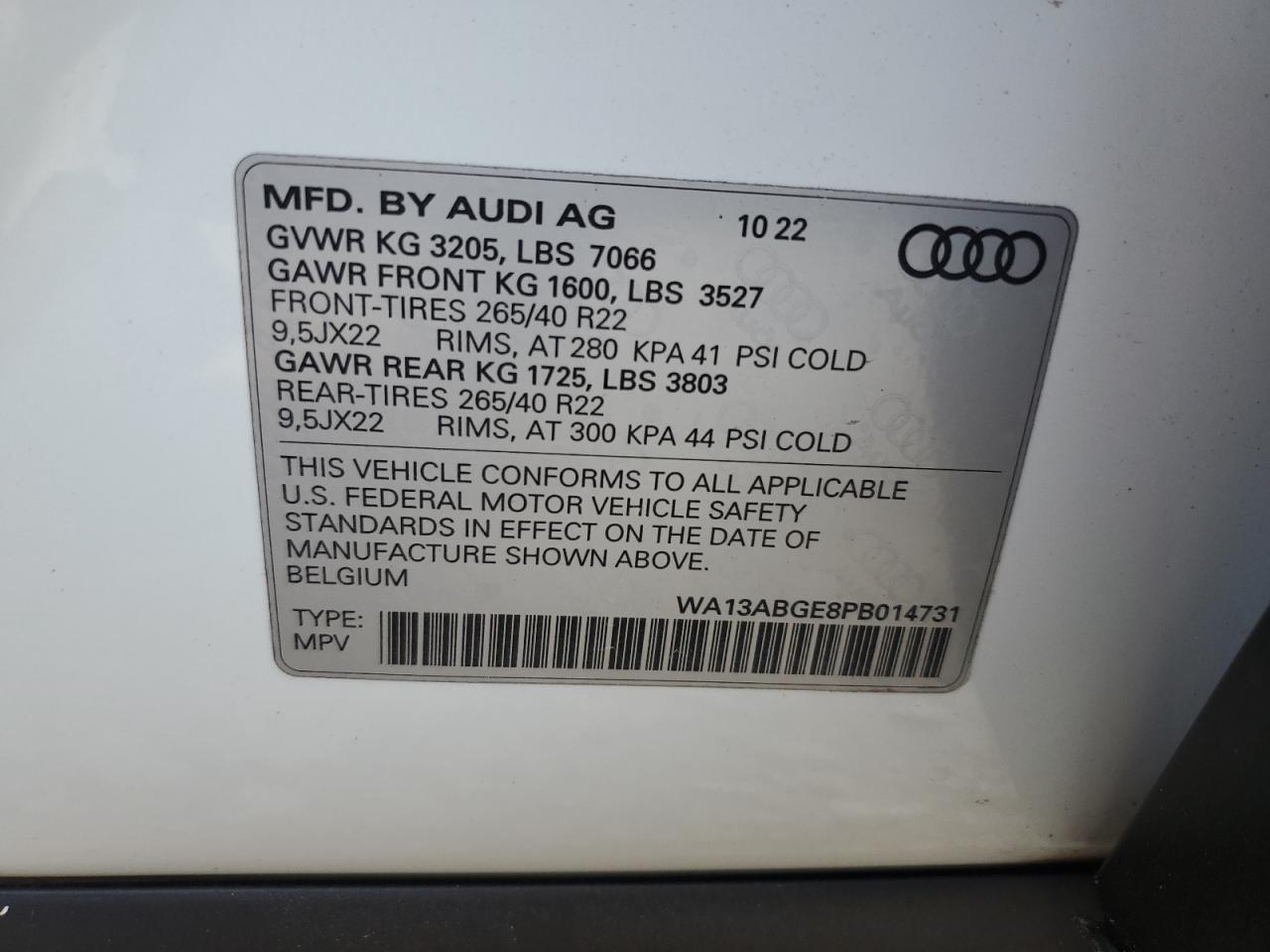 2023 Audi E-Tron Sportback Prestige VIN: WA13ABGE8PB014731 Lot: 59327665