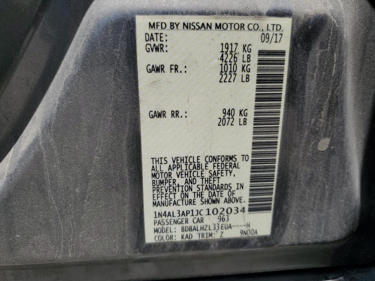 2018 Nissan Altima 2.5 VIN: 1N4AL3AP1JC102034 Lot: 62792055