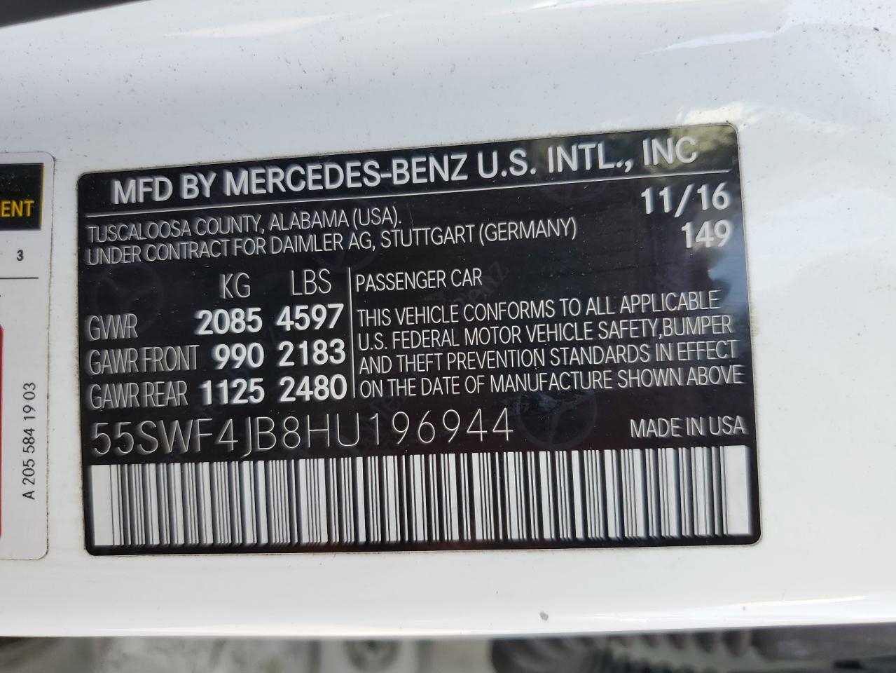 2017 Mercedes-Benz C 300 VIN: 55SWF4JB8HU196944 Lot: 62651085