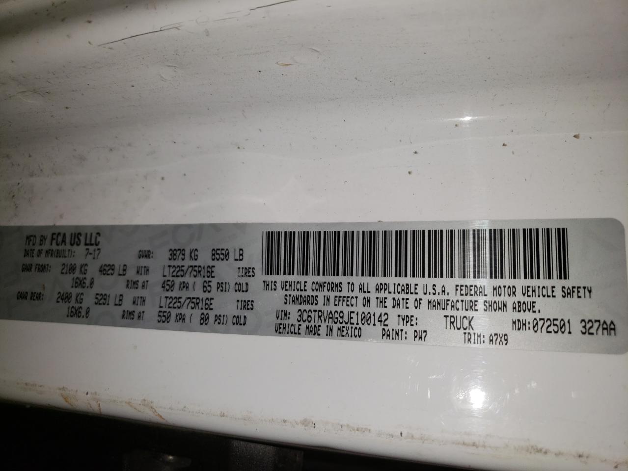 2018 Ram Promaster 1500 1500 Standard VIN: 3C6TRVAG9JE100142 Lot: 60164495