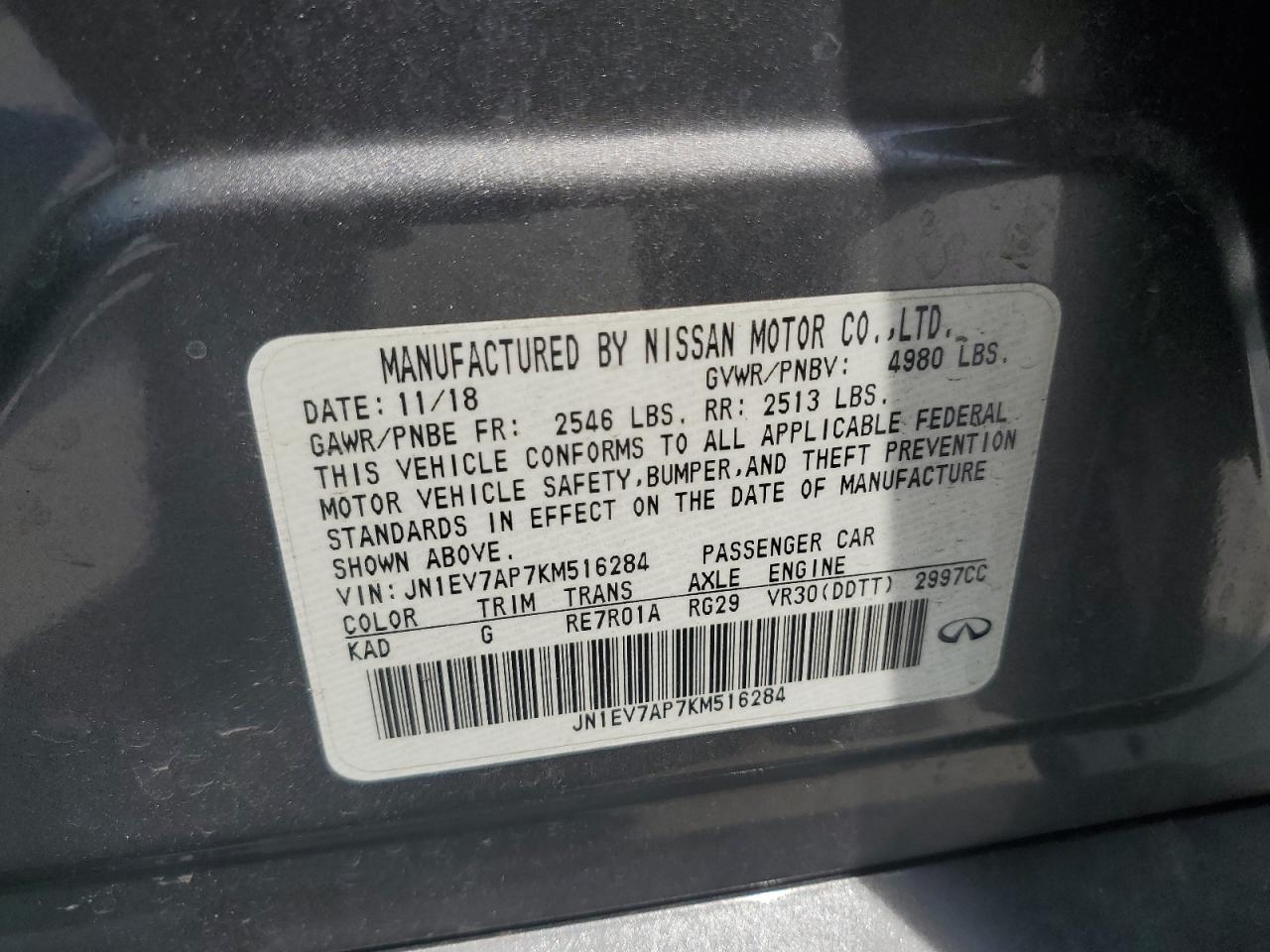 2019 Infiniti Q50 Luxe VIN: JN1EV7AP7KM516284 Lot: 61647345