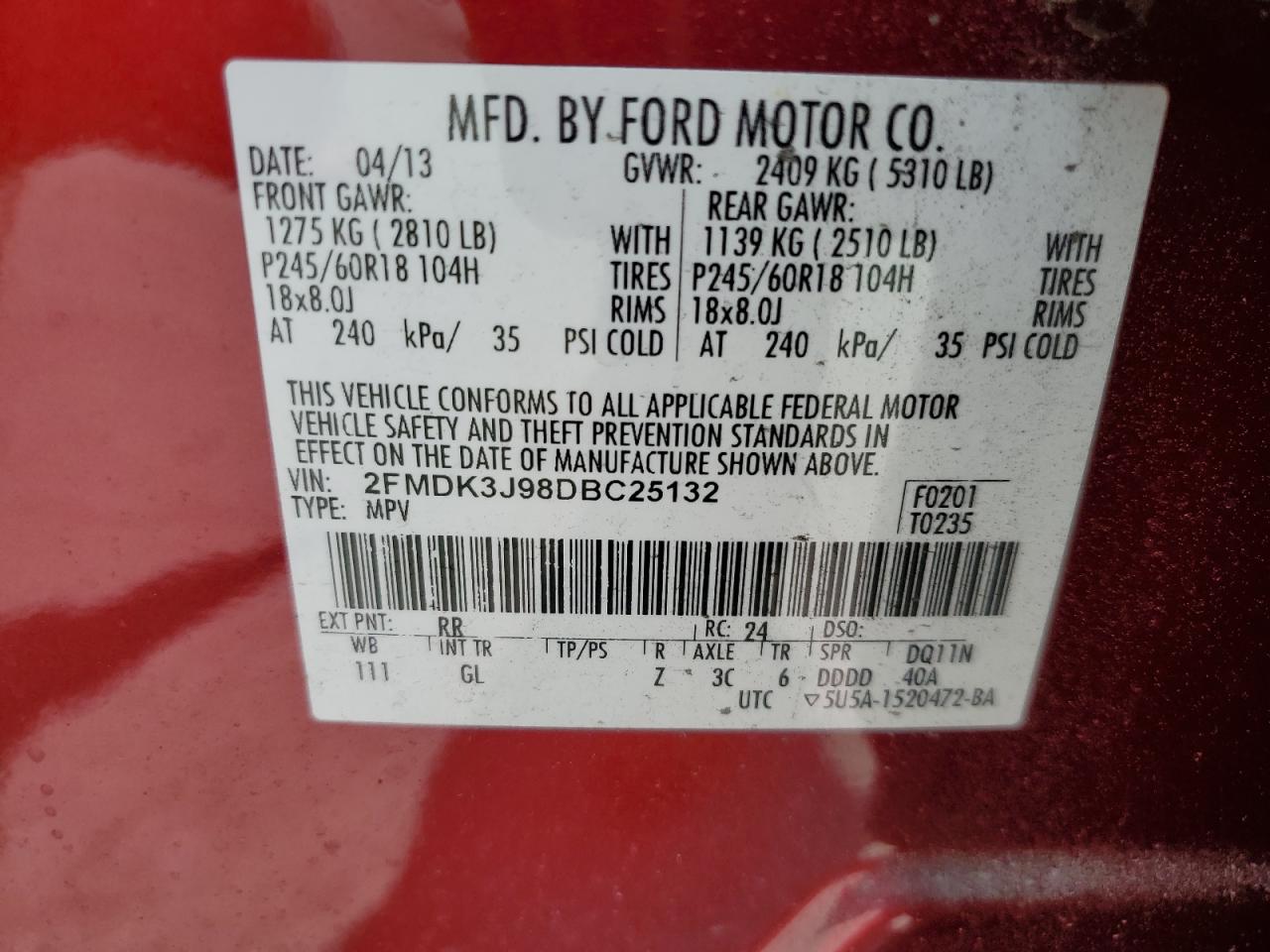 FORD EDGE 2013 VIN 2FMDK3J98DBC25132 zdjęcie 13