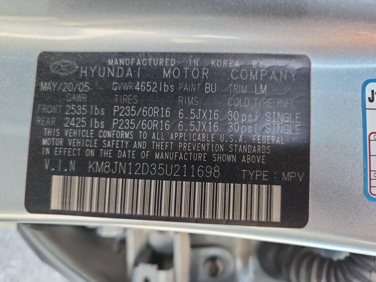 HYUNDAI TUCSON 2005 VIN KM8JN12D35U211698 фото 13