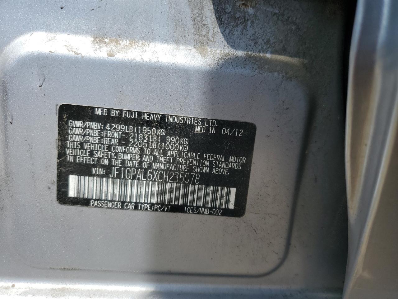 2012 Subaru Impreza Sport Premium VIN: JF1GPAL6XCH235078 Lot: 61931265