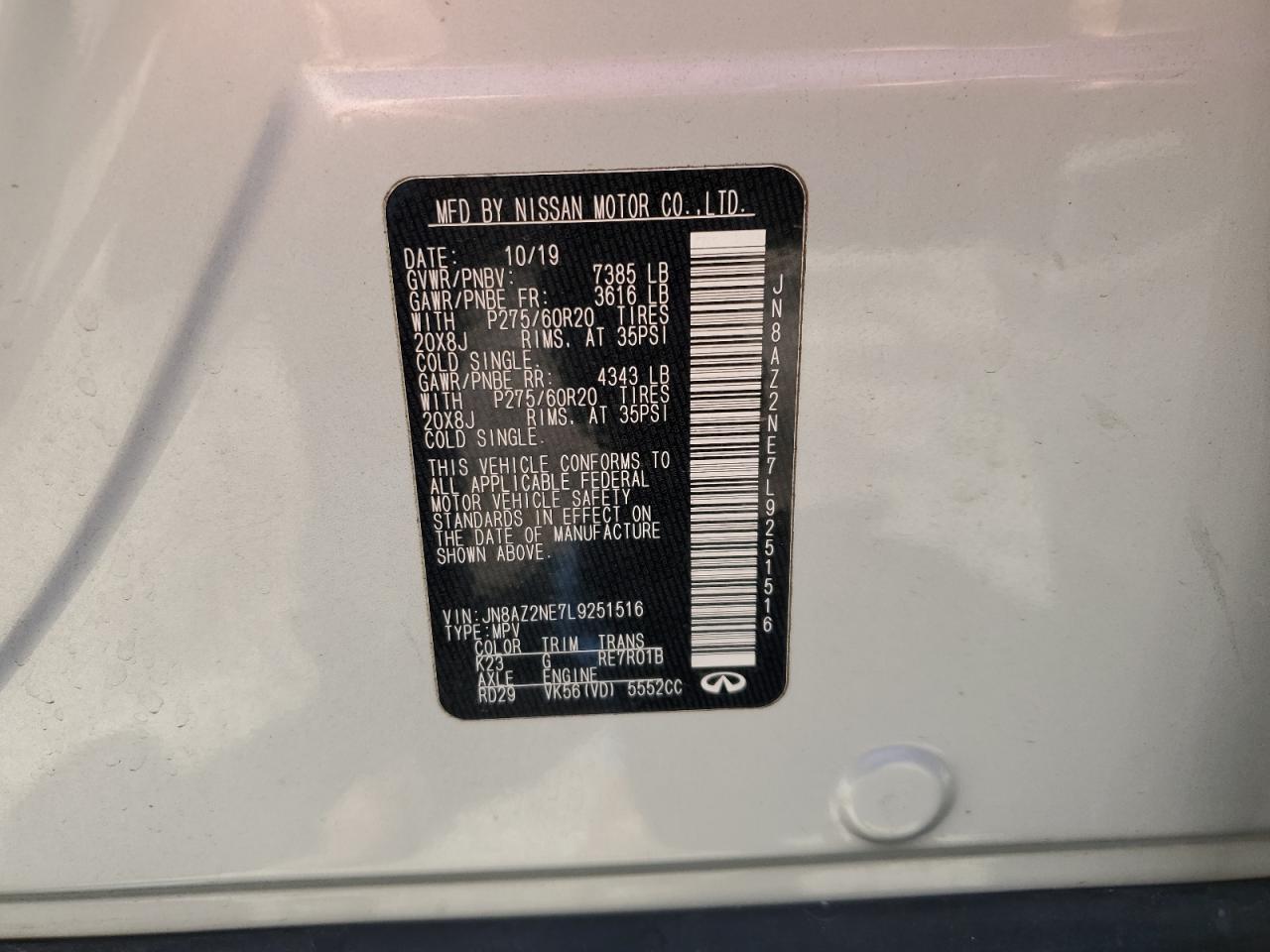 2020 Infiniti Qx80 Luxe VIN: JN8AZ2NE7L9251516 Lot: 60568295