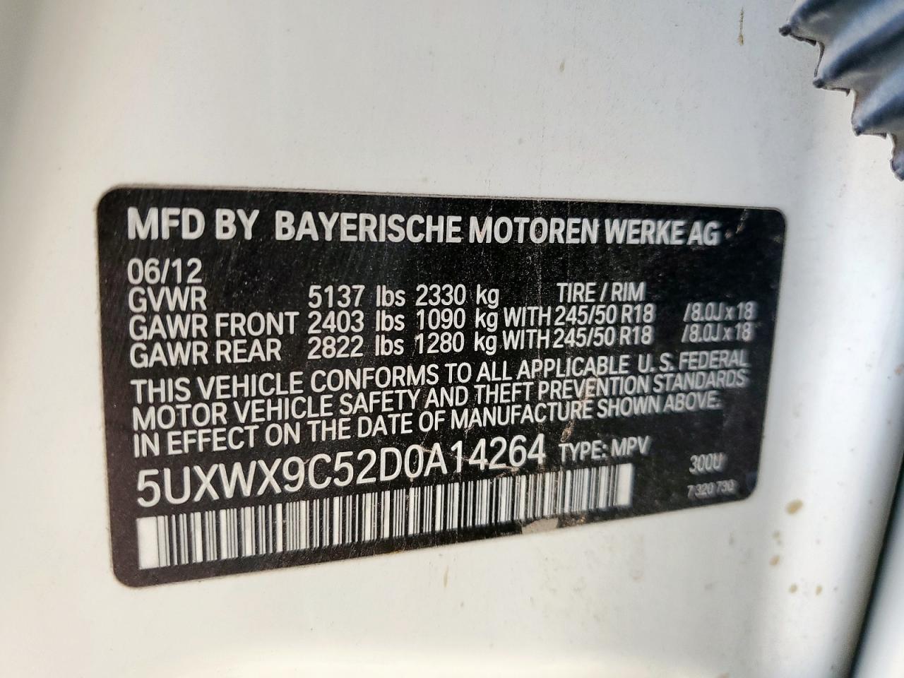 2013 BMW X3 xDrive28I VIN: 5UXWX9C52D0A14264 Lot: 61434675