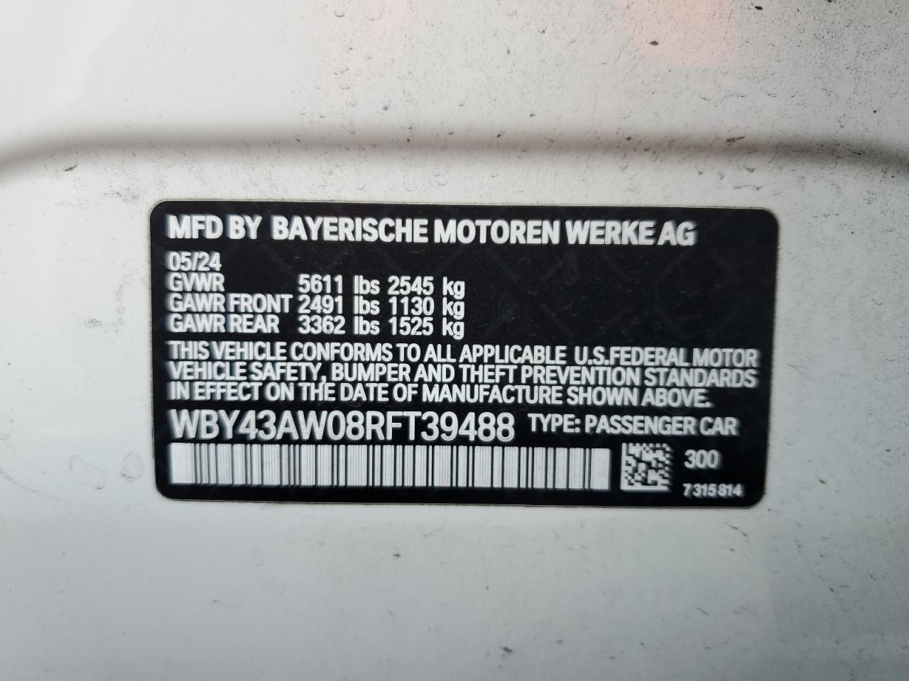 2024 BMW I4 Edrive 35 VIN: WBY43AW08RFT39488 Lot: 59896765