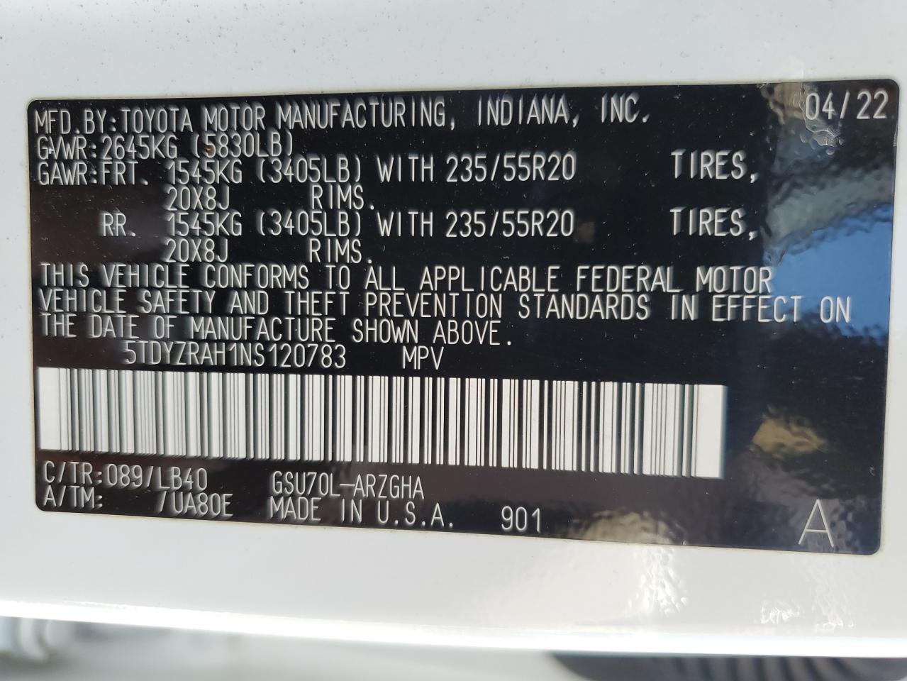 2022 Toyota Highlander Limited VIN: 5TDYZRAH1NS120783 Lot: 62176205