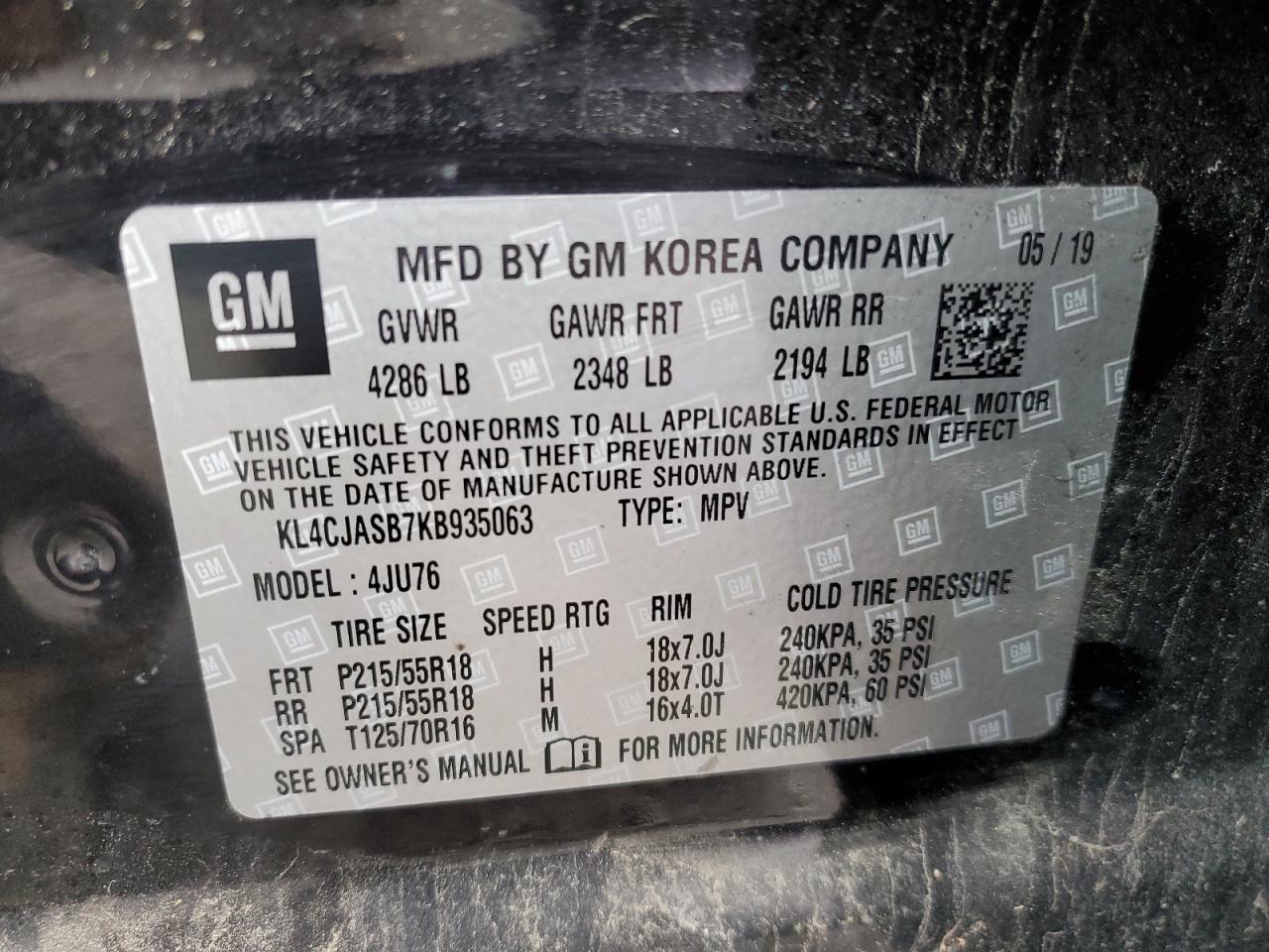 2019 Buick Encore Preferred VIN: KL4CJASB7KB935063 Lot: 58870445