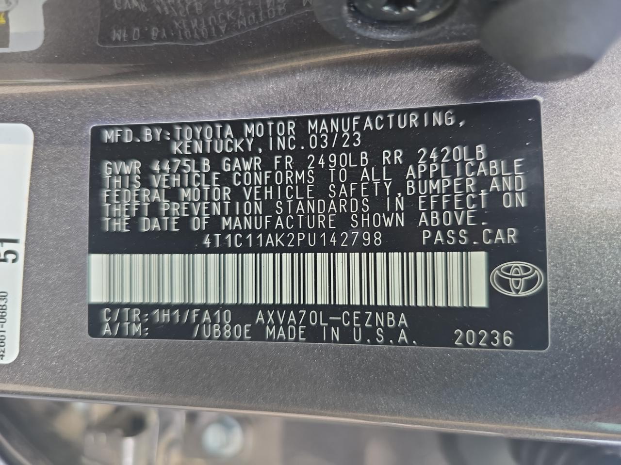 4T1C11AK2PU142798 TOYOTA CAMRY 2023