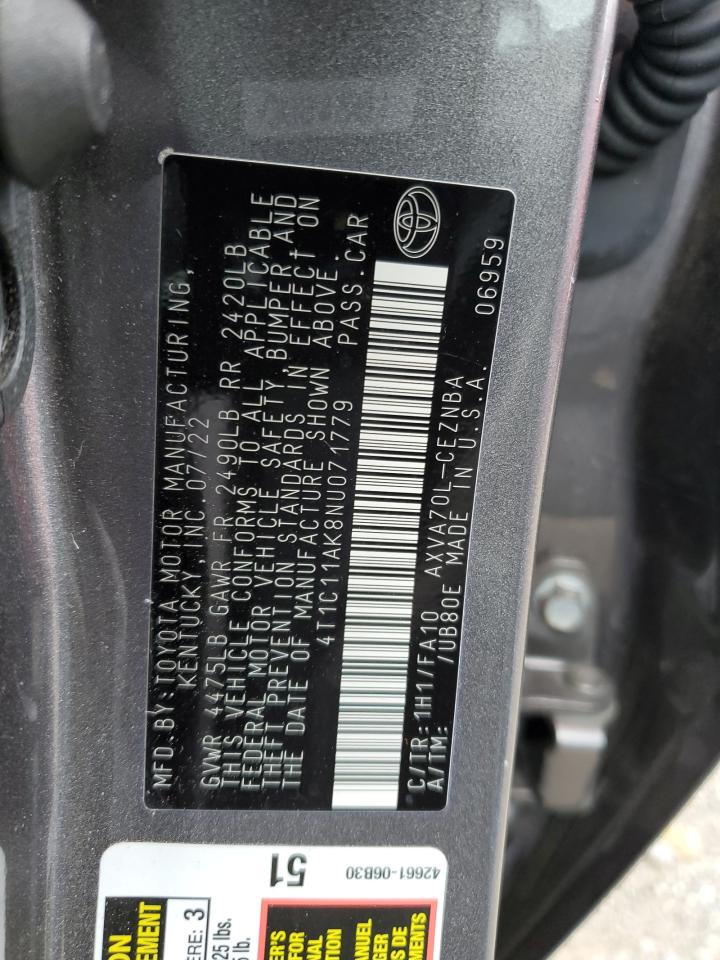 2022 Toyota Camry Le VIN: 4T1C11AK8NU071779 Lot: 62173545