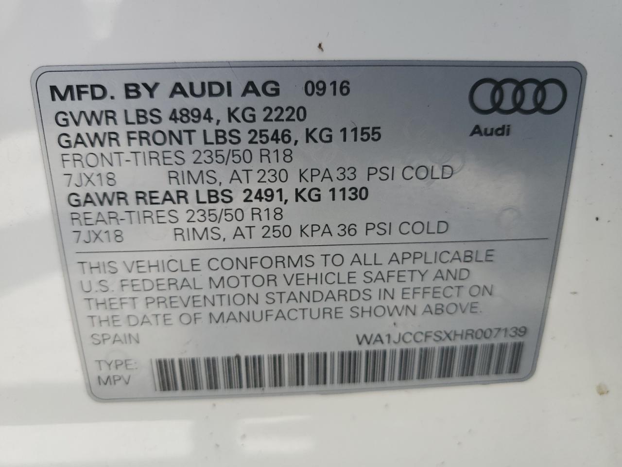 2017 Audi Q3 Premium Plus VIN: WA1JCCFSXHR007139 Lot: 60569485