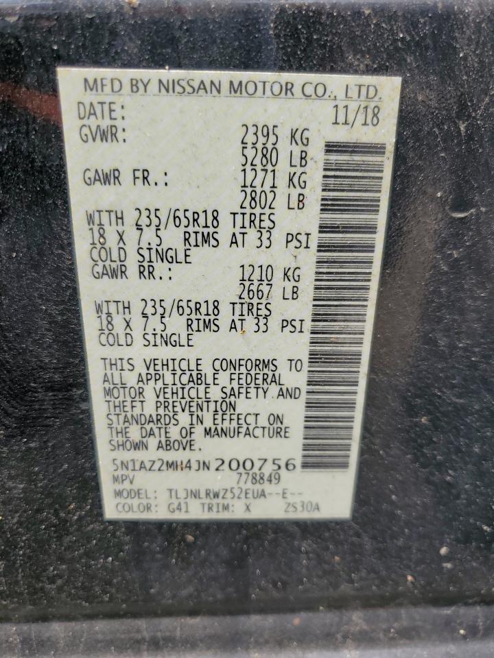 2018 Nissan Murano S VIN: 5N1AZ2MH4JN200756 Lot: 62349065