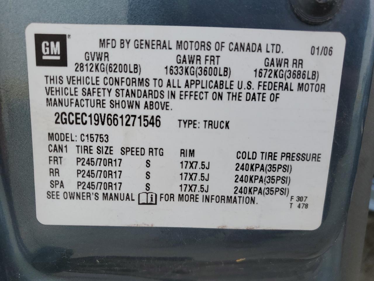 2006 Chevrolet Silverado C1500 VIN: 2GCEC19V661271546 Lot: 59460945