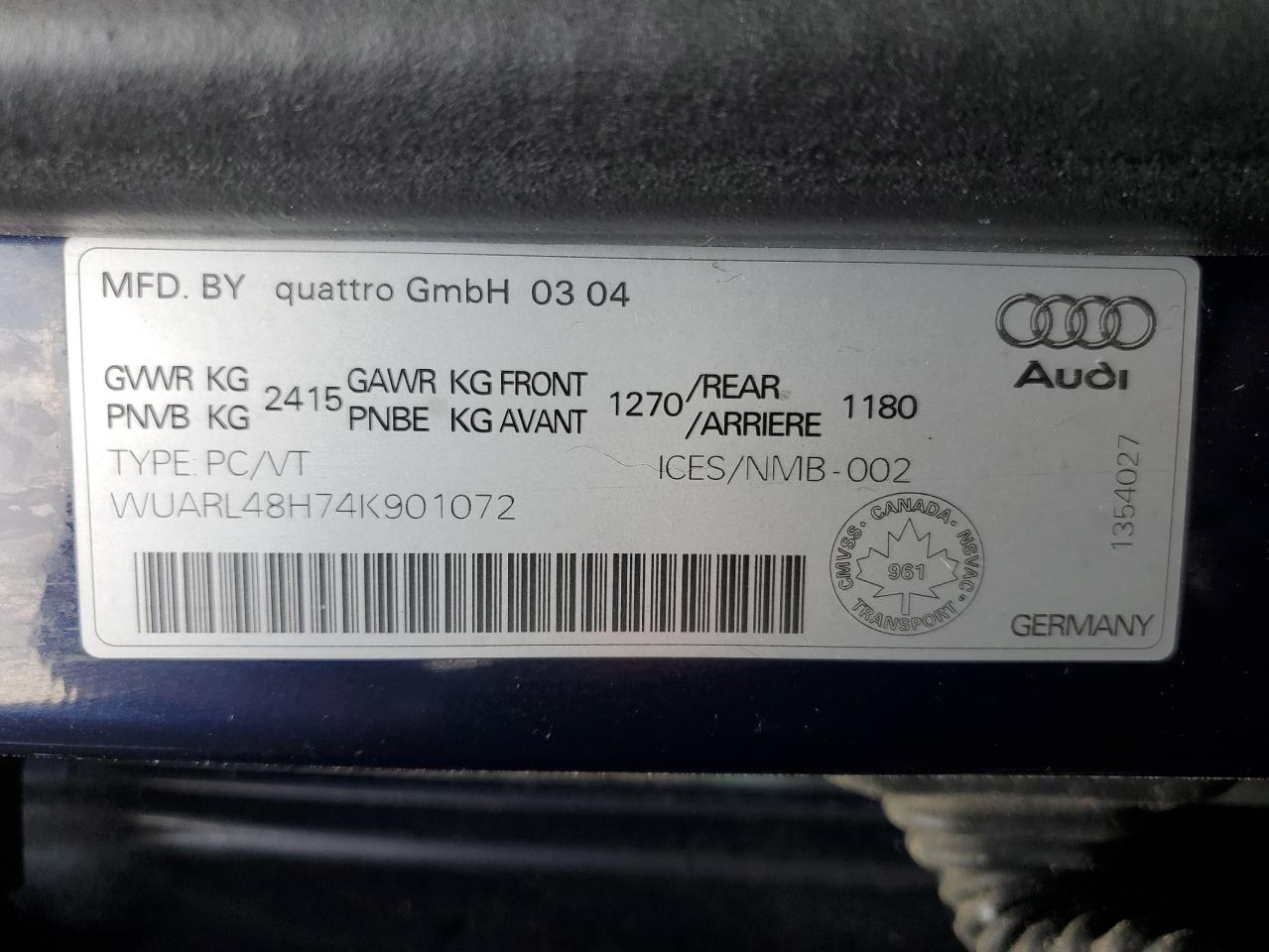 2004 Audi S4 Quattro Cabriolet VIN: WUARL48H74K901072 Lot: 59365865