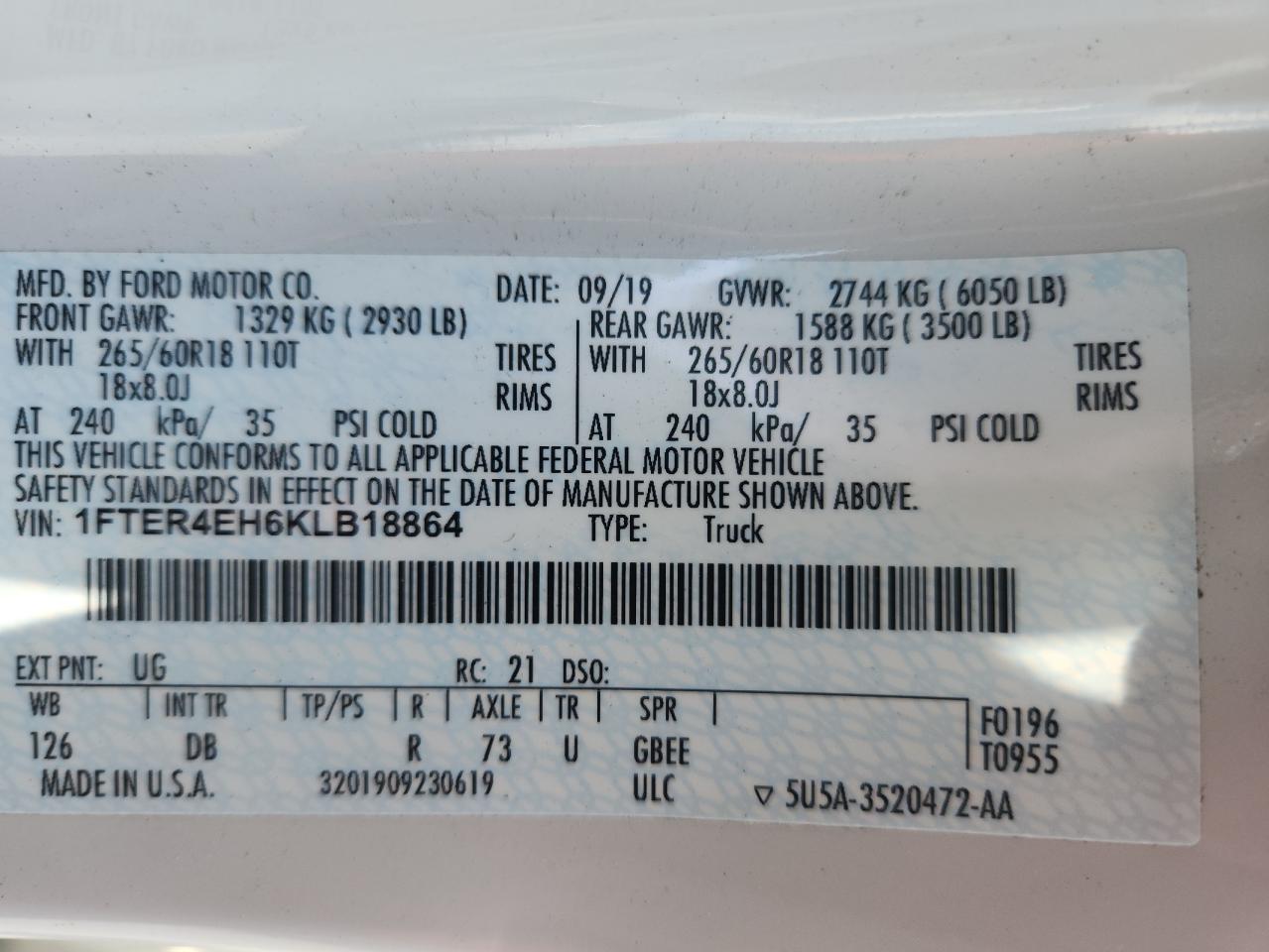 2019 Ford Ranger Xl VIN: 1FTER4EH6KLB18864 Lot: 62634525