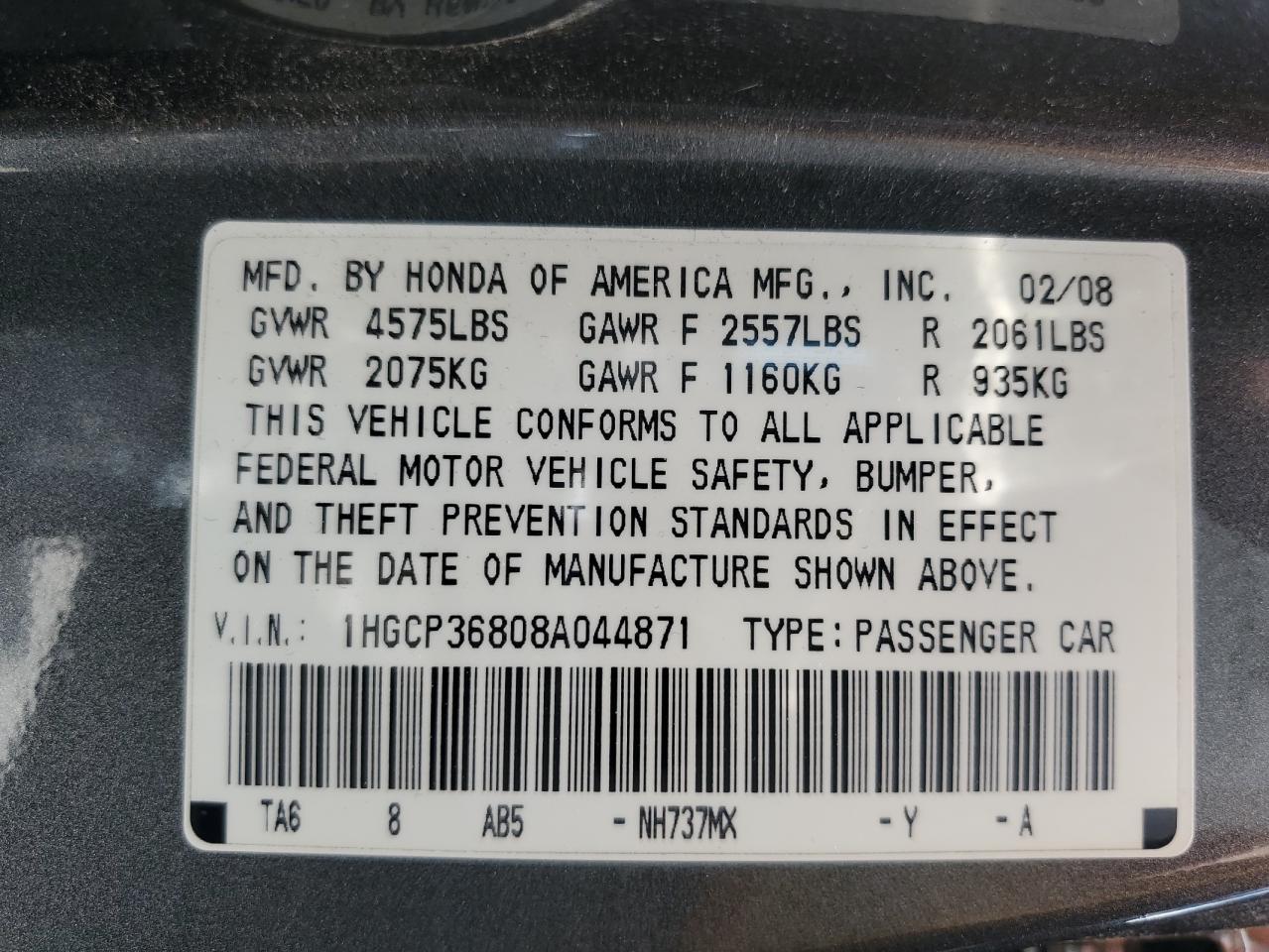 HONDA ACCORD 2008 VIN 1HGCP36808A044871 zdjęcie 12