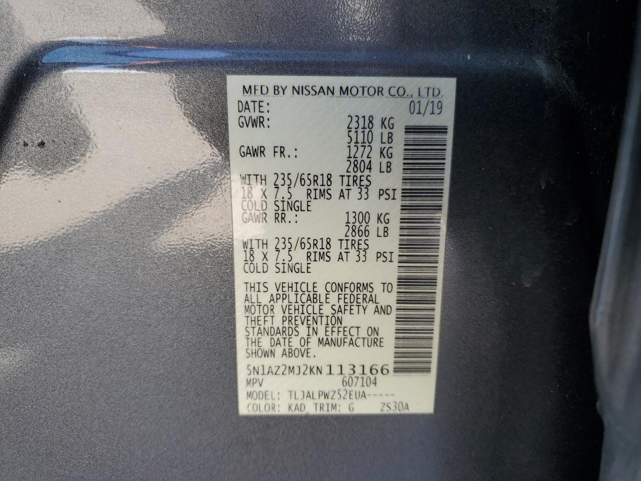2019 Nissan Murano S VIN: 5N1AZ2MJ2KN113166 Lot: 61104015