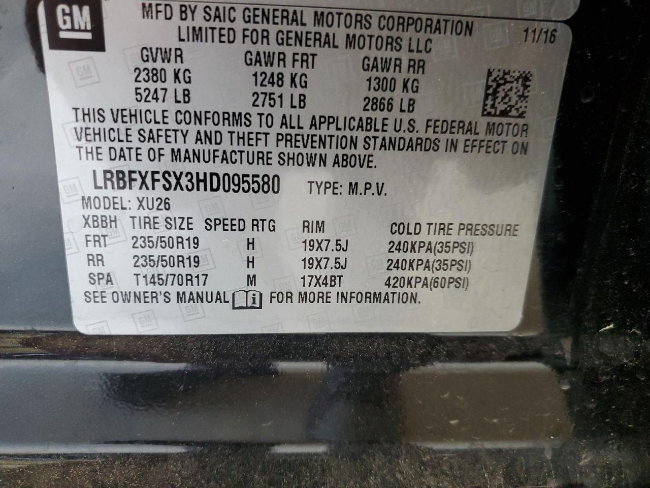 2017 Buick Envision Premium Ii VIN: LRBFXFSX3HD095580 Lot: 61455465