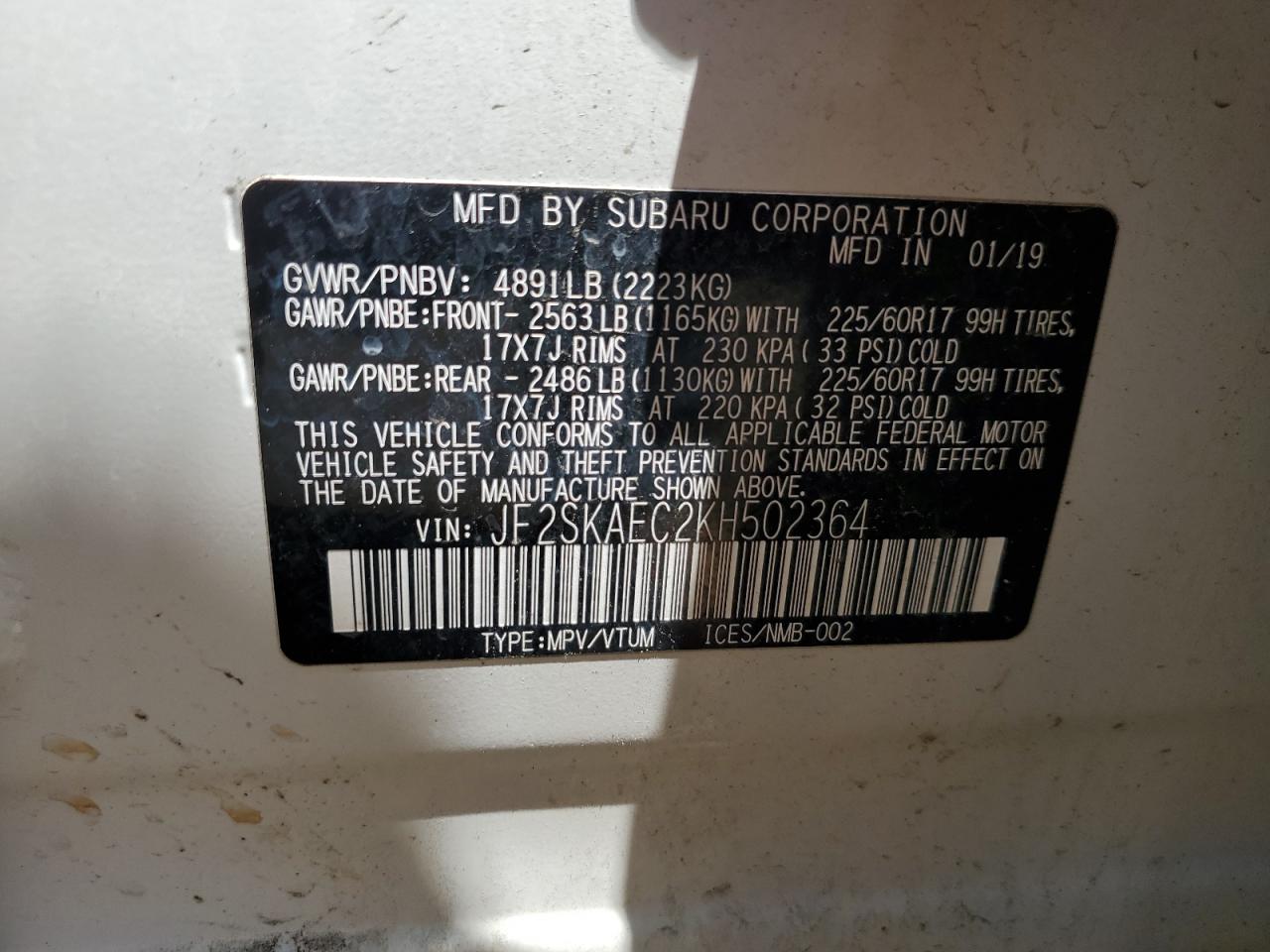 2019 Subaru Forester Premium VIN: JF2SKAEC2KH502364 Lot: 62642845