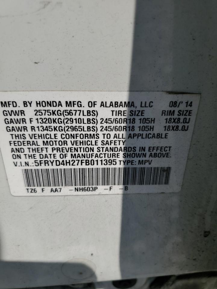 2015 Acura Mdx VIN: 5FRYD4H27FB011395 Lot: 62630475