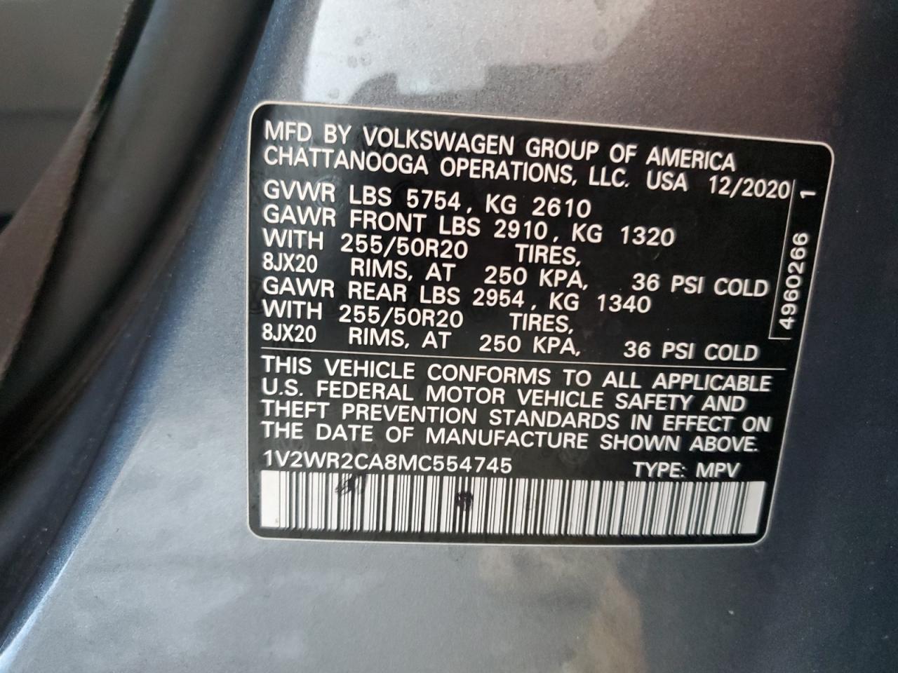 2021 Volkswagen Atlas Se VIN: 1V2WR2CA8MC554745 Lot: 62127985