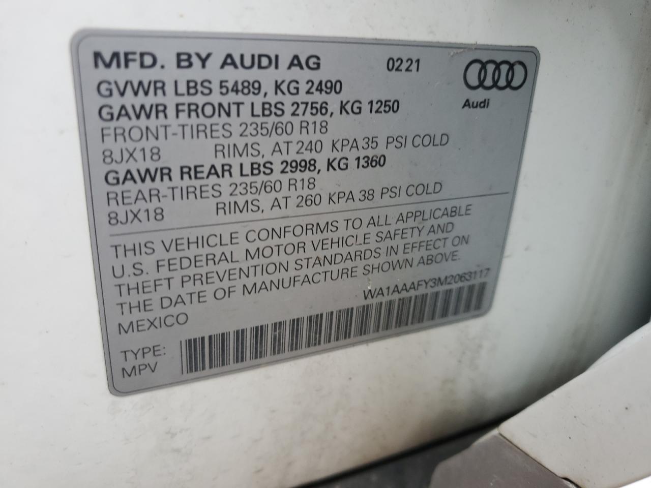 2021 Audi Q5 Premium VIN: WA1AAAFY3M2063117 Lot: 62507805