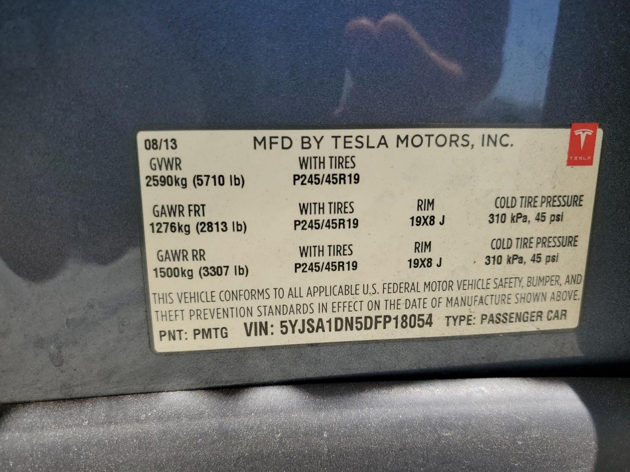 2013 Tesla Model S VIN: 5YJSA1DN5DFP18054 Lot: 62126285