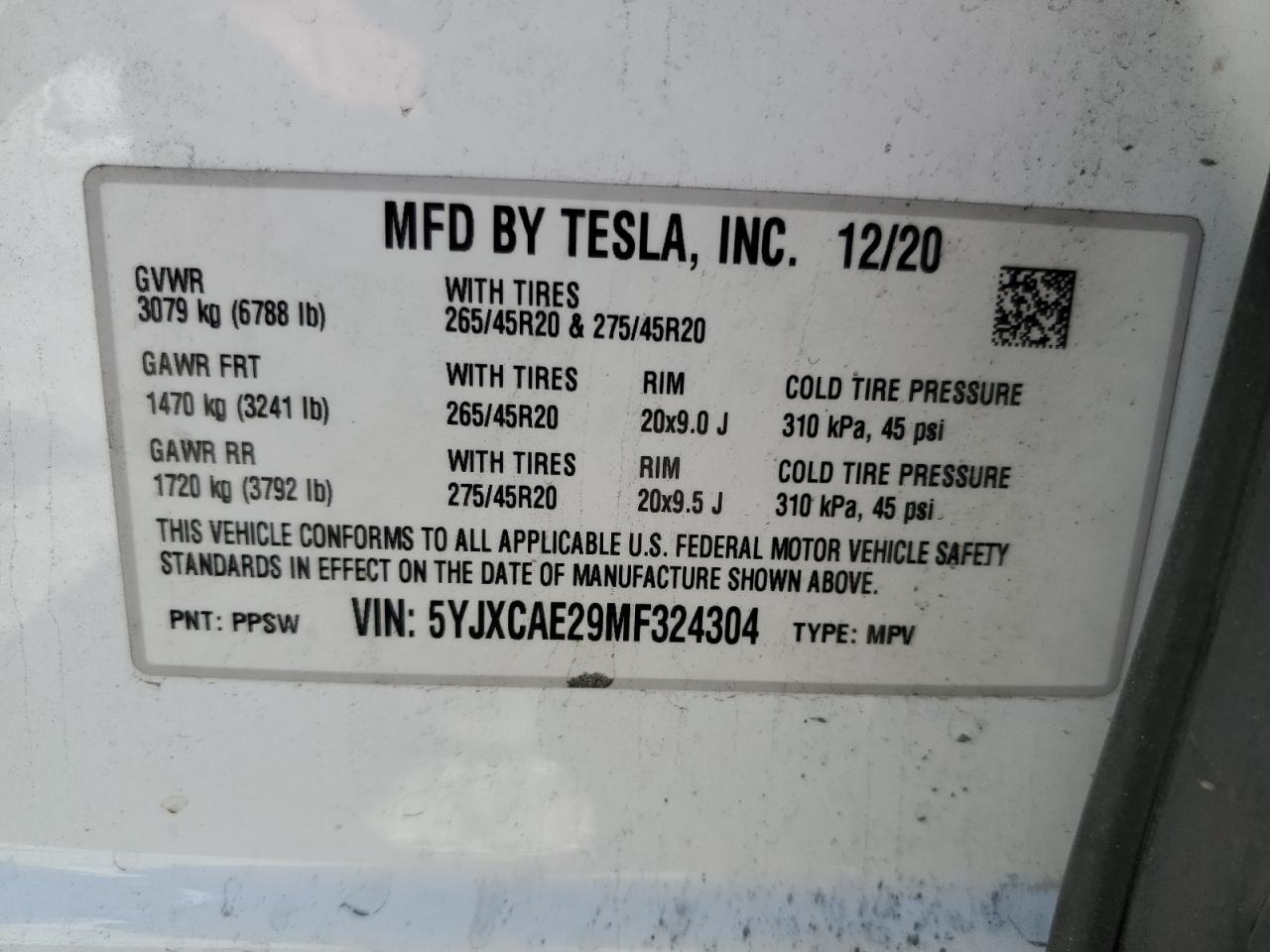 2021 Tesla Model X VIN: 5YJXCAE29MF324304 Lot: 61840465
