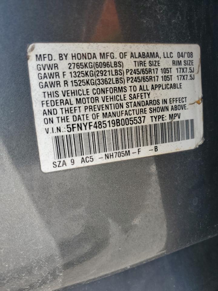 2009 Honda Pilot Exl VIN: 5FNYF48519B005537 Lot: 62565115