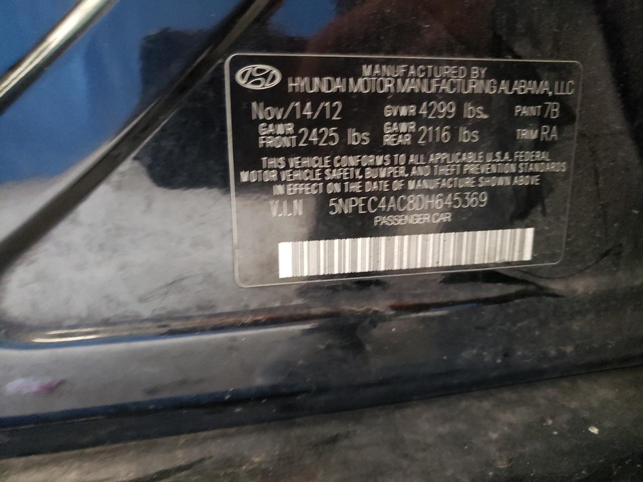 2013 Hyundai Sonata Se VIN: 5NPEC4AC8DH645369 Lot: 60997785