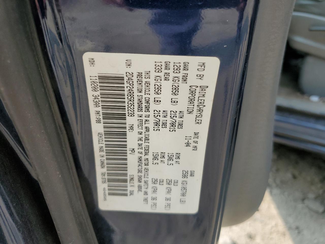 2005 Dodge Grand Caravan Se VIN: 2D4GP24R85R352239 Lot: 58989525