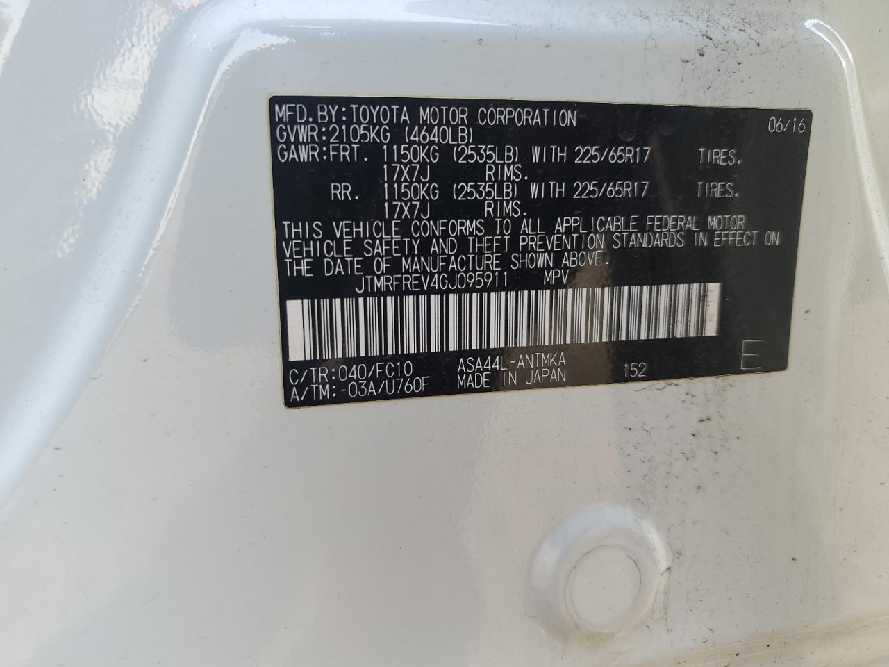 JTMRFREV4GJ095911 TOYOTA RAV4 2016