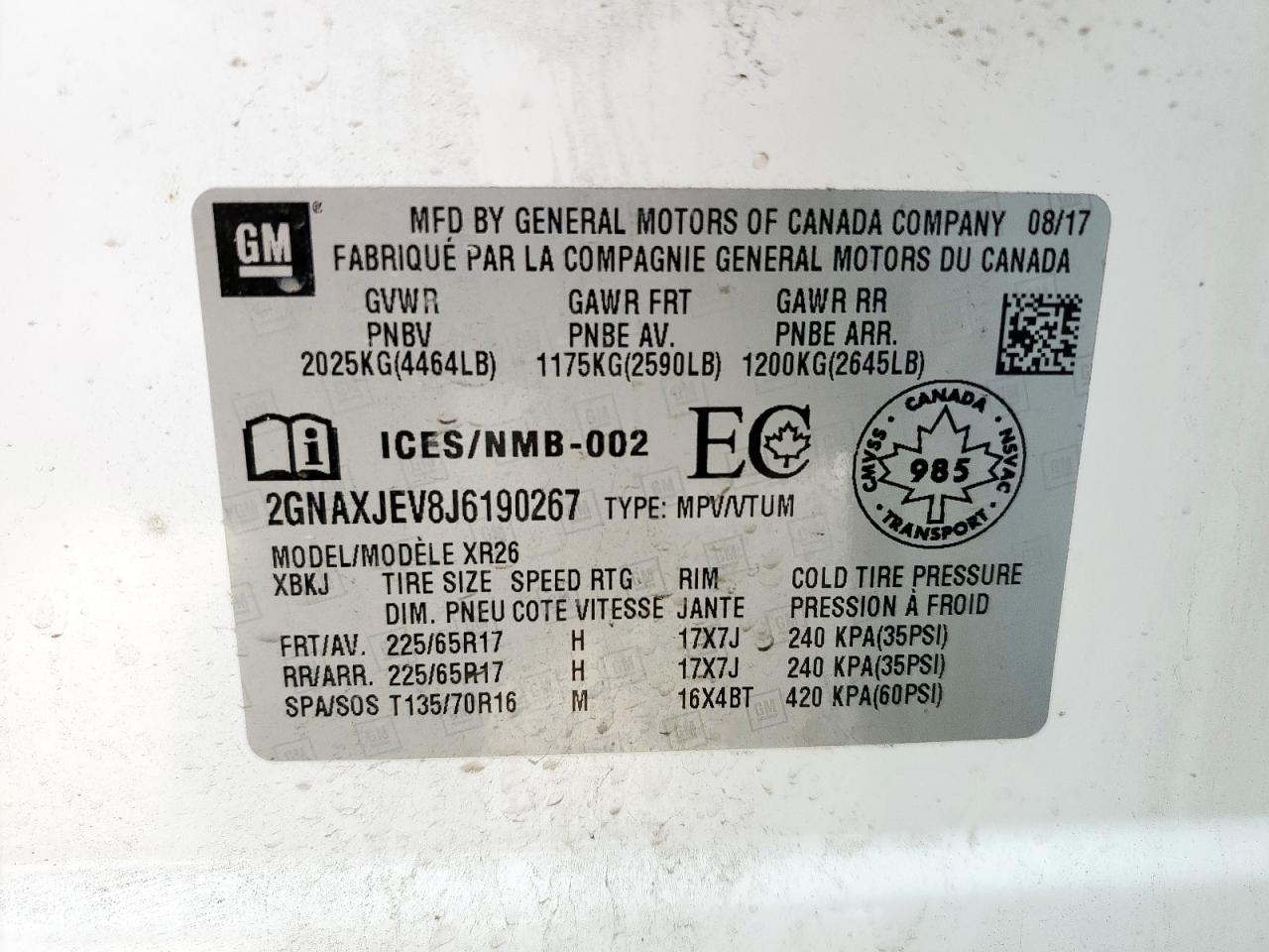 2GNAXJEV8J6190267 CHEVROLET EQUINOX 2018