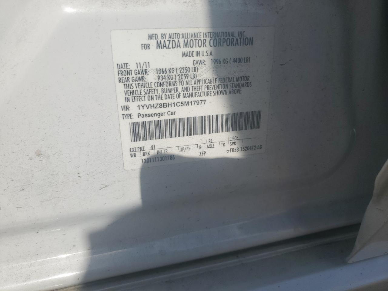 2012 Mazda 6 I VIN: 1YVHZ8BH1C5M17977 Lot: 62019195